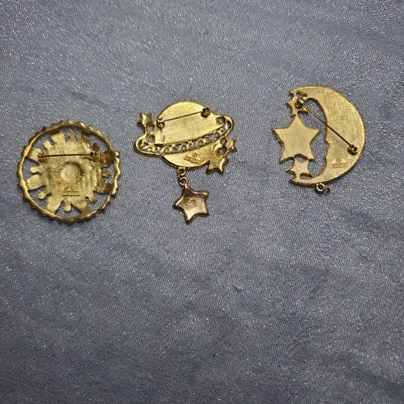 Vtg Newpro Celestial Brooch Full Set Gold Tone Sun Moon Planet Glitter Enamel - Picture 6 of 9